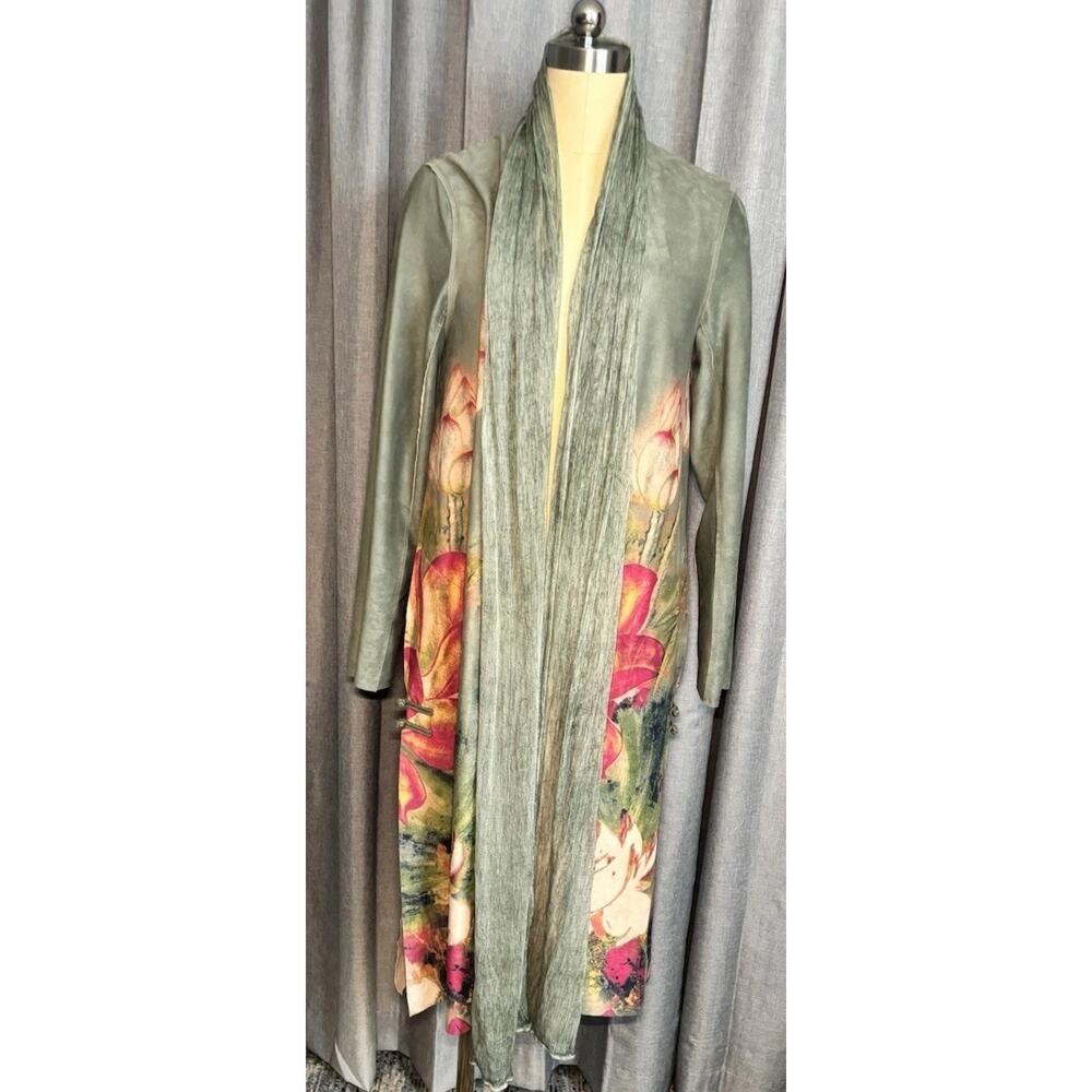 Soft Surroundings Green Floral Duster Open Front Cardigan Faux Suede Topper Chic